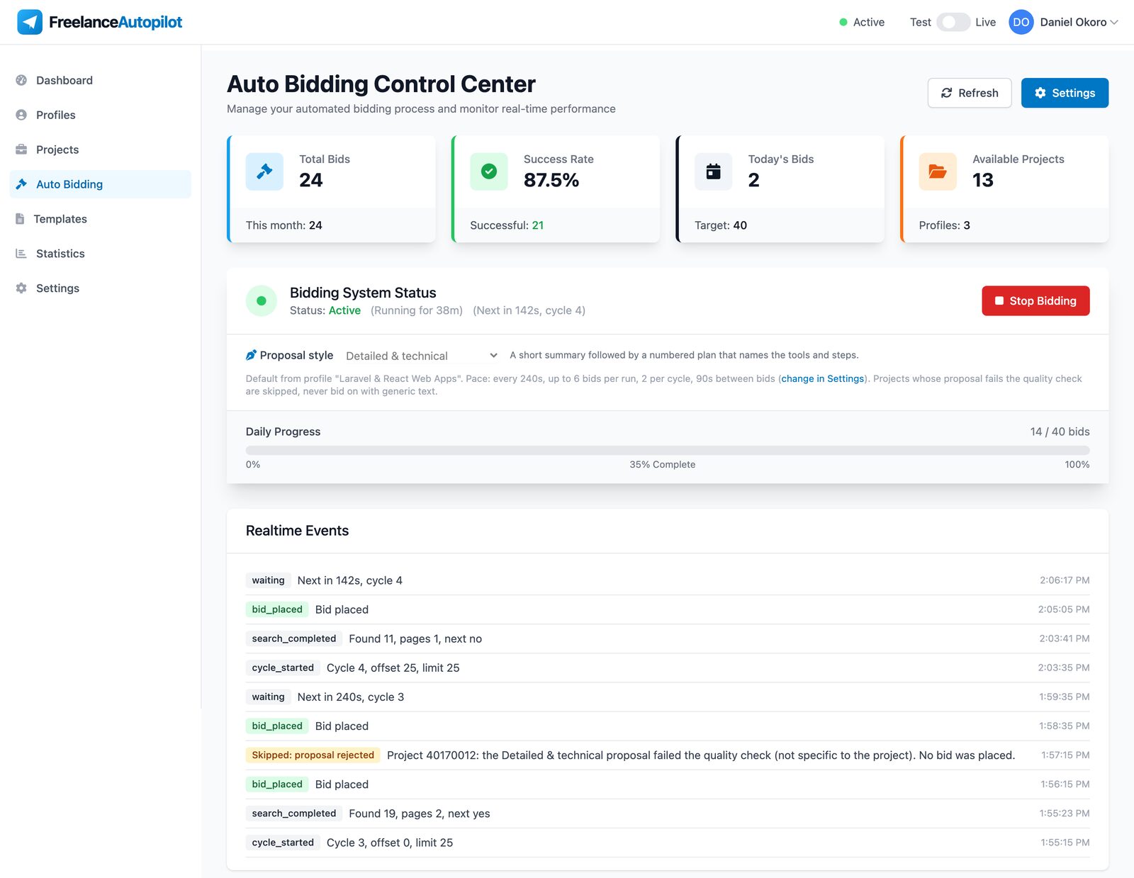 Auto bidding control center showing an active run, the chosen proposal style, the pacing rules and a live feed of searches, placed bids and one skipped project