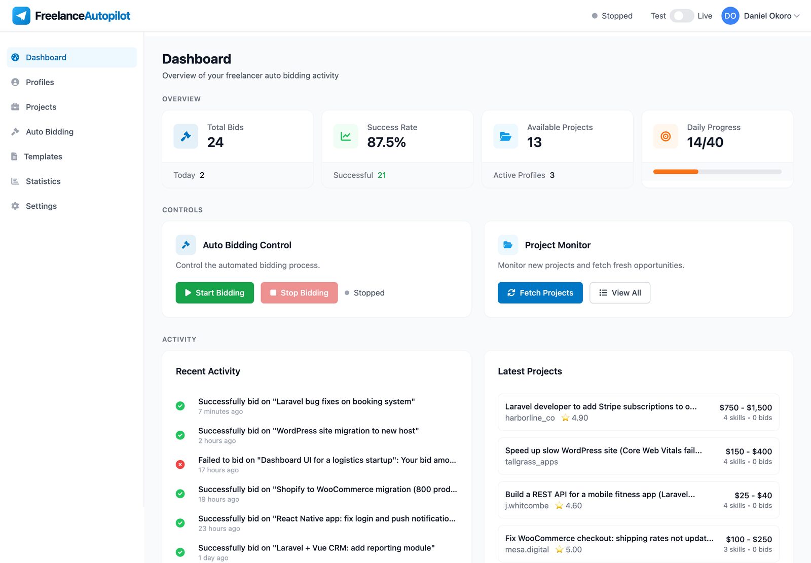 FreelanceAutopilot dashboard showing total bids, success rate, available projects, daily progress, auto-bidding controls, recent bidding activity and the latest matching projects