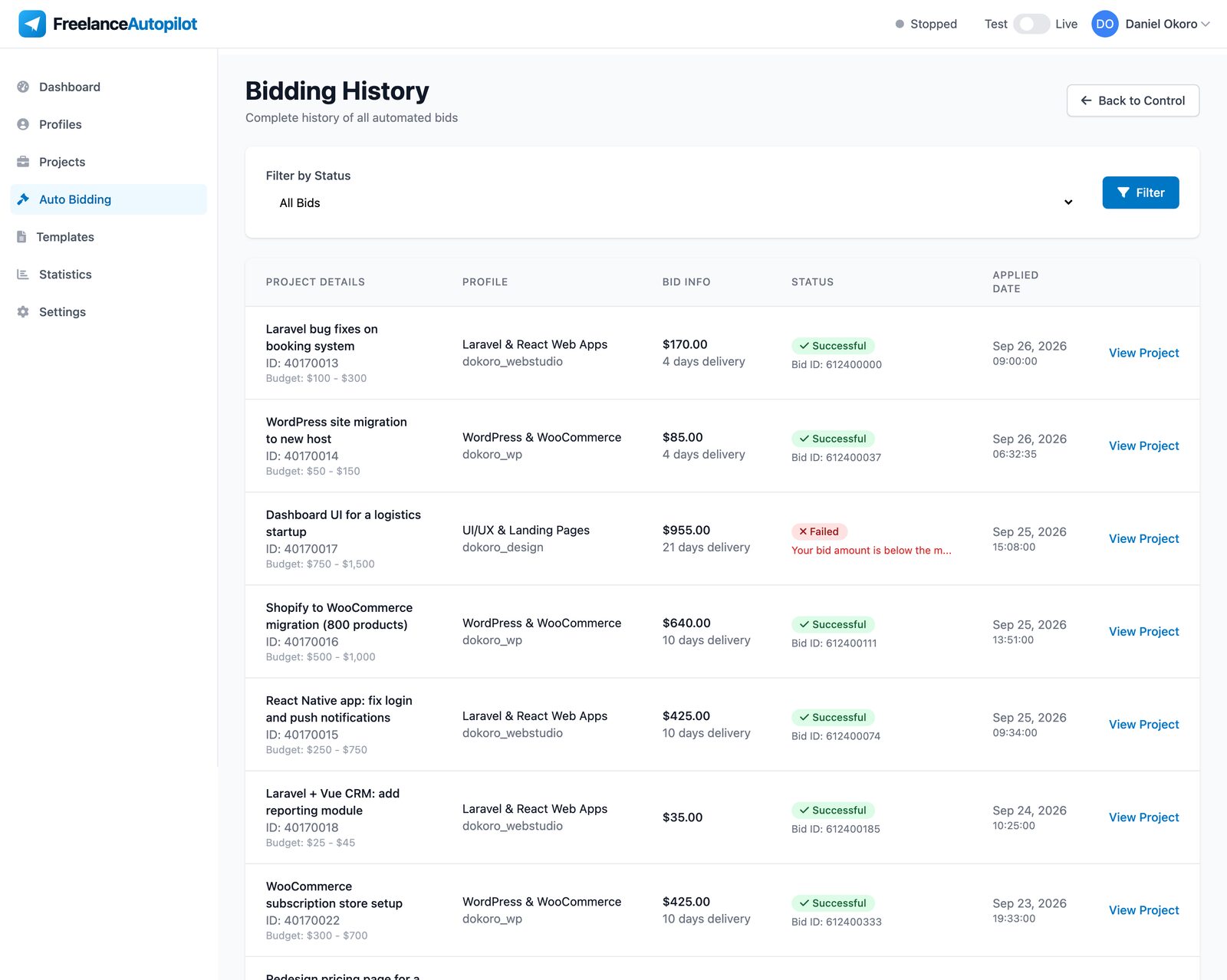 Bidding history table listing projects, profiles, bid amounts, delivery days and status