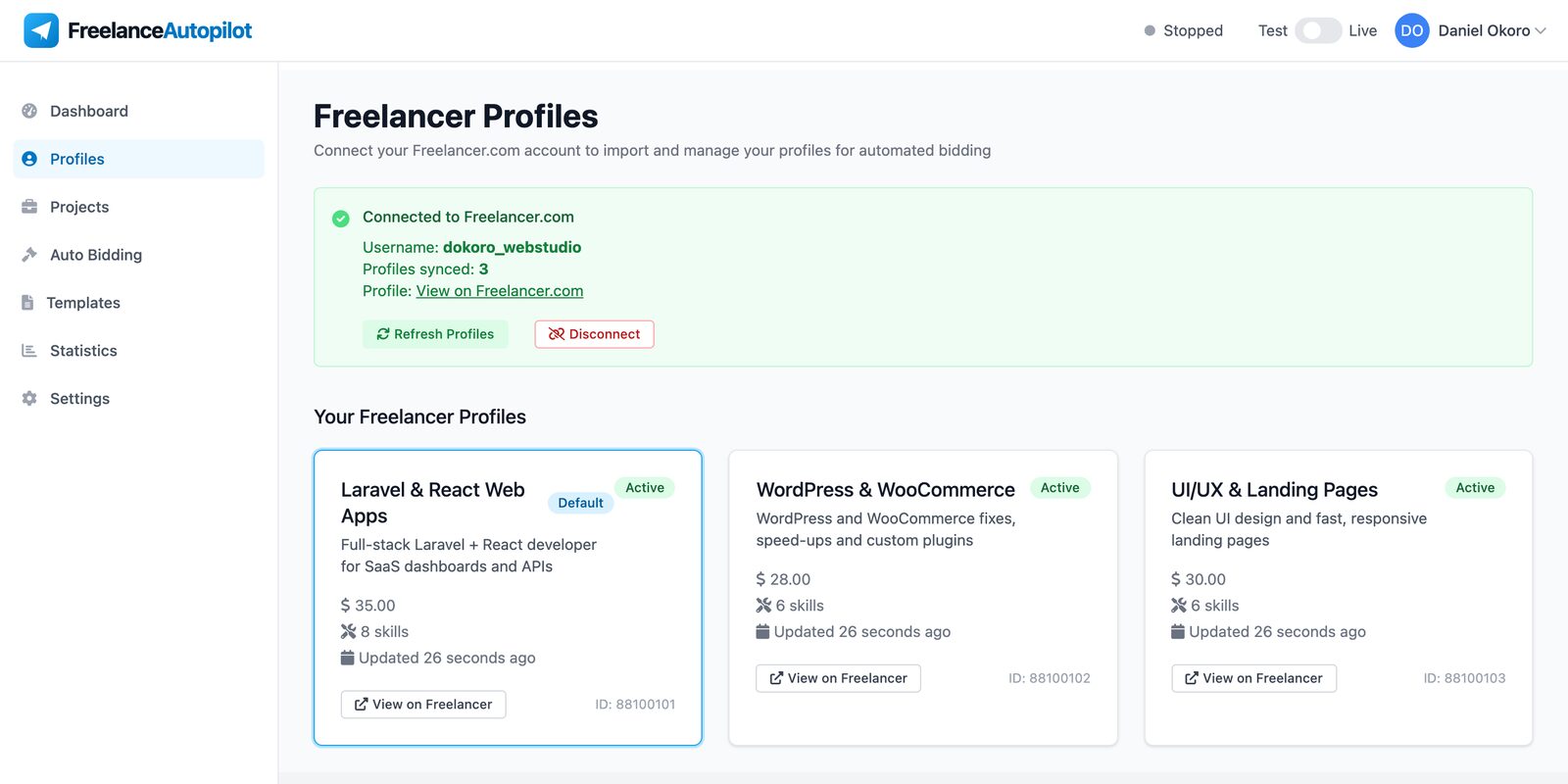Freelancer profiles page showing a connected Freelancer.com account and three synced profiles with rates and skills