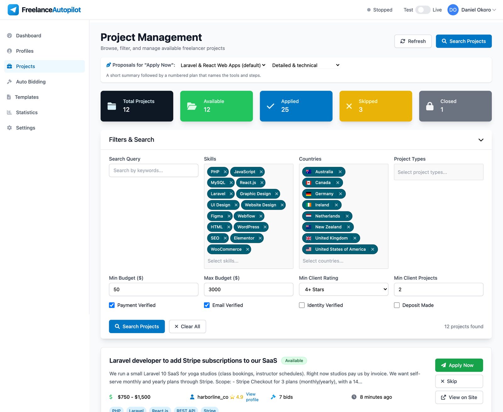 Project search page with skill, country, budget and client filters above a list of matching Freelancer.com projects