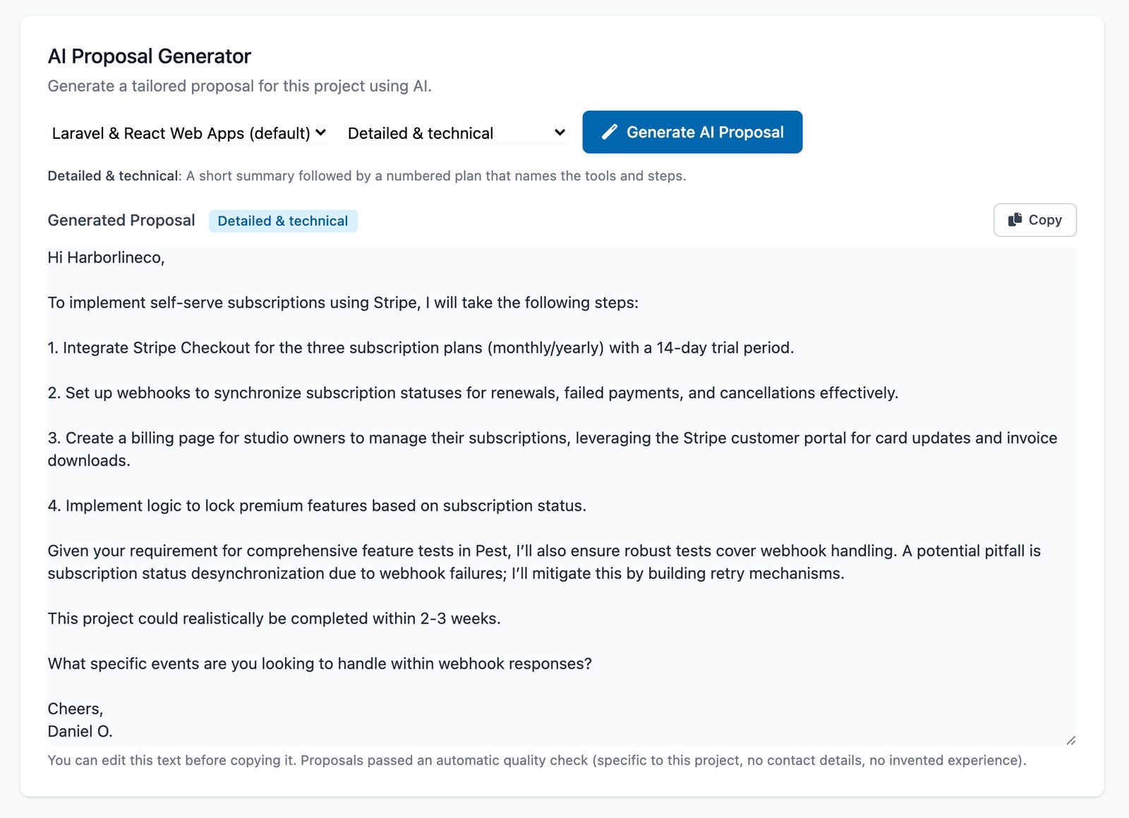 AI proposal generator on a project page showing a profile picker, the Detailed and technical style and a generated proposal that answers the project brief point by point