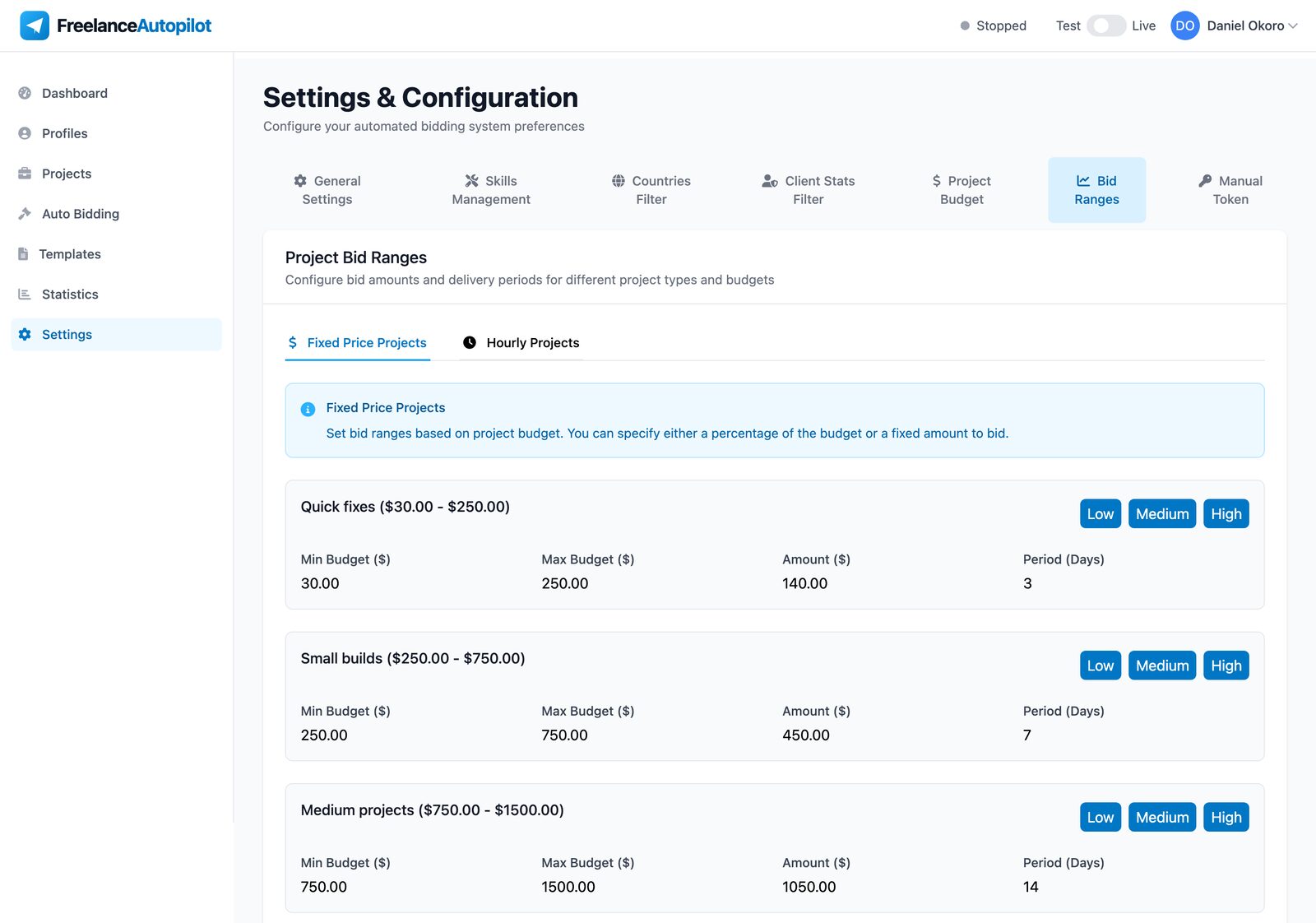 Bid ranges settings listing four fixed-price budget ranges with their bid amounts and delivery days