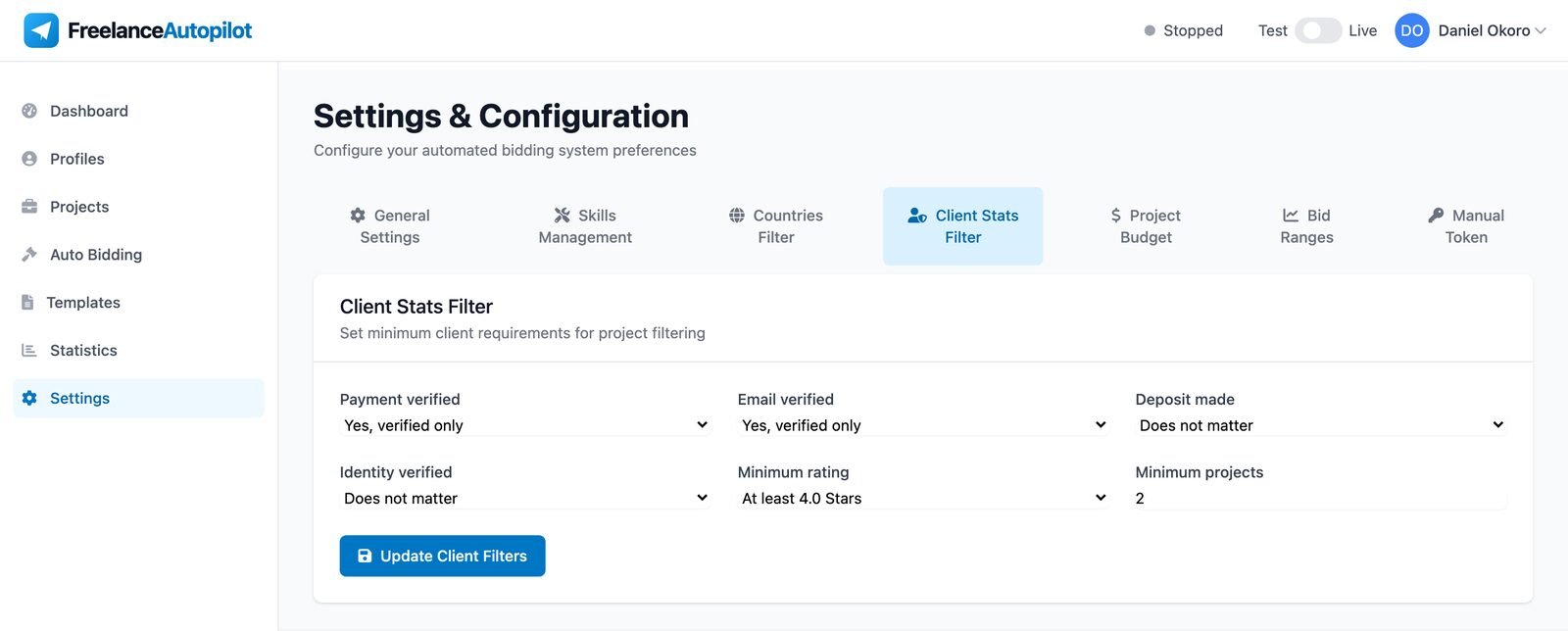 Client filter settings for payment, email, deposit and identity verification, minimum rating and minimum projects