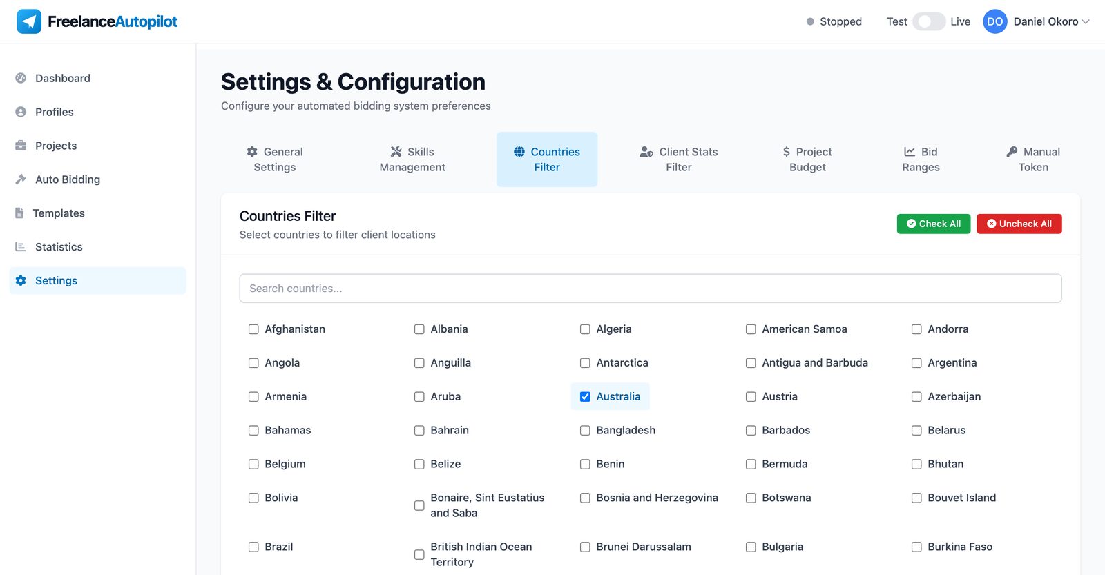 Countries filter settings with a searchable list of countries and the selected ones checked