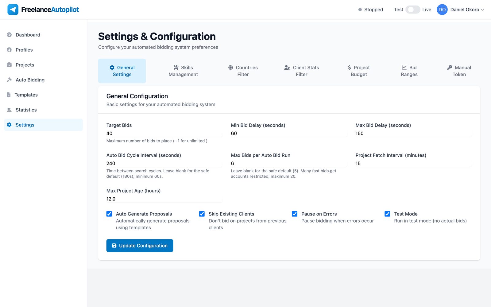 General settings with target bids, delay between bids, auto-bid cycle interval, maximum bids per run, and switches for auto-generated proposals, skipping existing clients, pausing on errors and test mode
