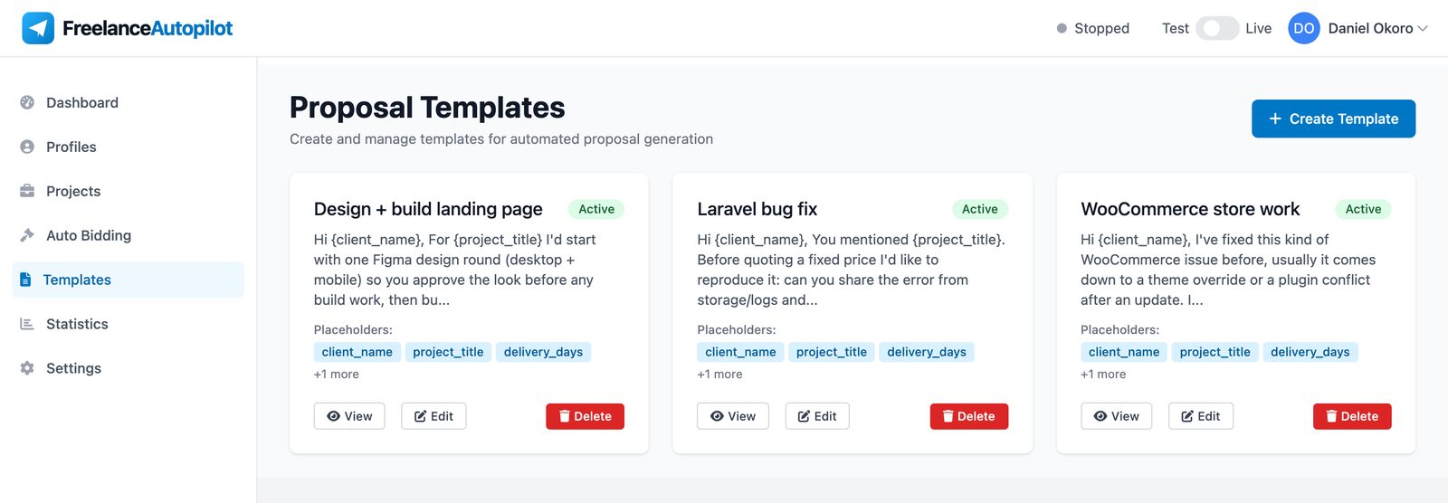 Proposal templates page listing three templates with their placeholders